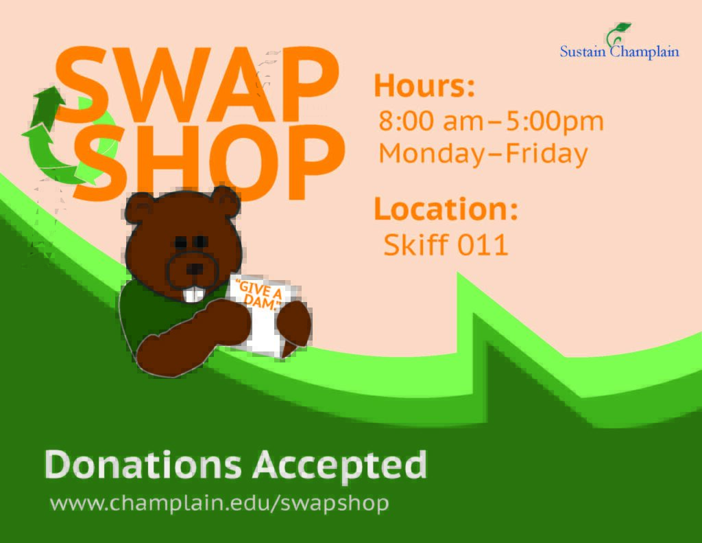 Flier promoting Swap Shop at Champlain College, open 8:00 am t 5:00 pm, Monday through Friday in Skiff Hall, Room 011.