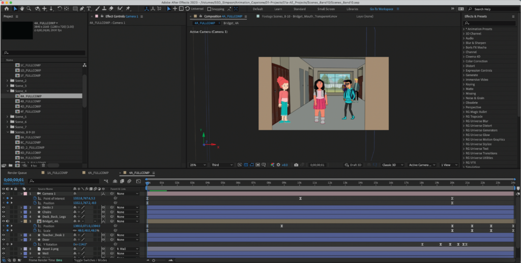 Premiere Pro dashboard editing an animation. Animation includes three people walking down the hallway.