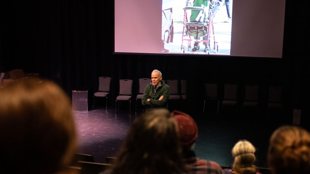 Bill McKibben speaks to an audience at Champlain College