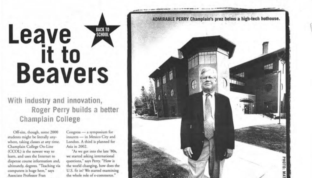 newspaper clipping featuring a photo of former champlain president roger perry posed in front of the champlain library beside a news story about launching online education at Champlain and a big headline reading: "leave it to beavers"