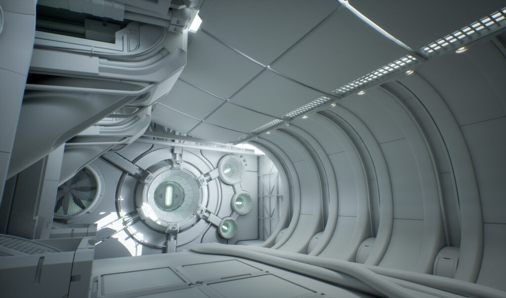 A 3D animation of a sci-fi hallway, created by Keegan Nilsson.