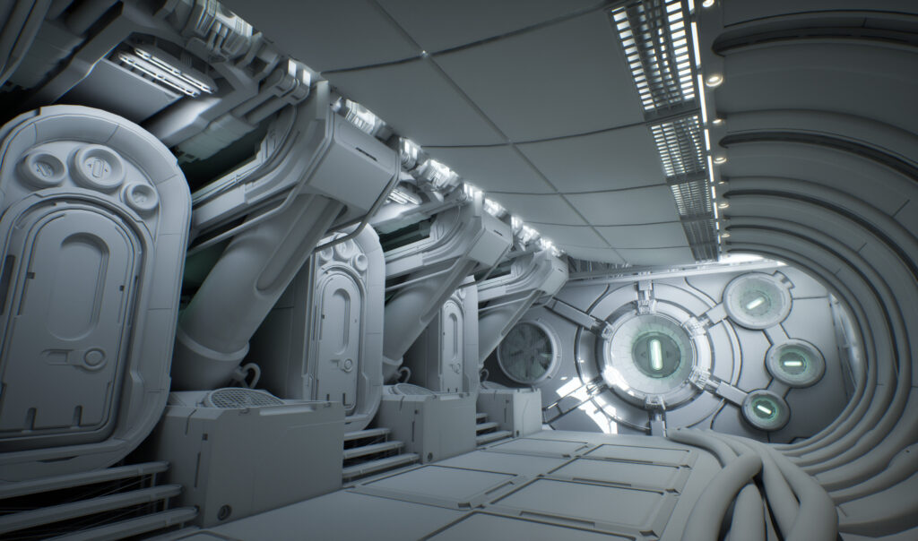 A 3D animation of a sci-fi hallway, created by Keegan Nilsson.